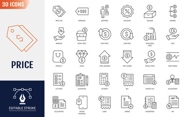 Price line editable icon set. Containing icons: product, price tag, cost, quotation, invoice, estimate, discount and more. Vector illustration