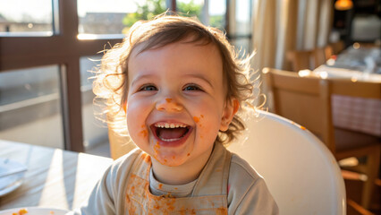 Family time mealtime together smiling toddler with messy face eating pasta in high chair enjoying meal