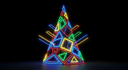 Illuminated christmas tree with colorful triangles and squares against black background