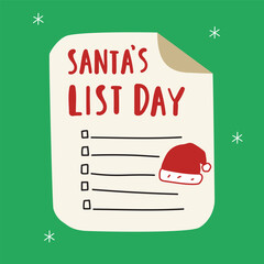 Simple flat vector illustration for Santa's List Day. Minimal design with checklist on green background.