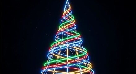 Illuminated christmas tree with colorful spiral lights against a dark background