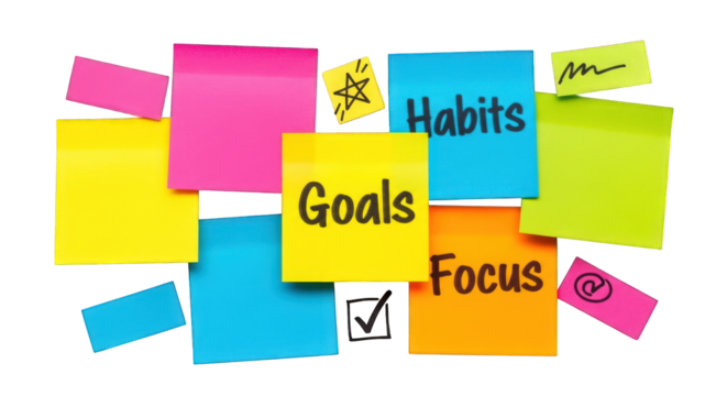 Colorful goals and sticky notes for success against the transparent background