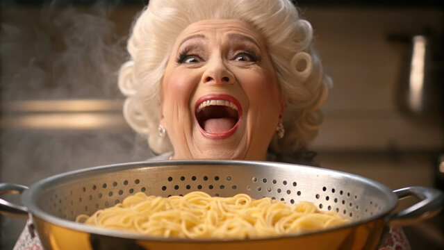 Senior man cooking singing joyful with pasta in kitchen steaming nder smiling laugh