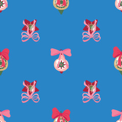 Seamless Pattern of Christmas Baubles with Bows. Design for fabrics, textiles, wallpaper, packaging.