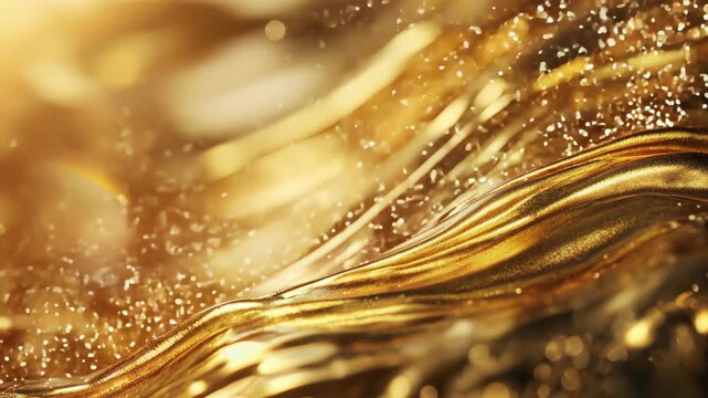 Shiny golden strands ripple like fabric under soft light, micro-sparkles drifting across a warm bokeh horizon; refined premium texture for cosmetics, jewelry promos