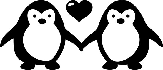 Obraz premium Charming penguins holding hands with a heart, perfect for Valentine's Day, anniversaries, or expressing love with a minimalist, cute design element