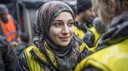 Compassionate NGO Worker Assisting Refugees at Aid Center with Dedication and Empathy in Challenging Conditions