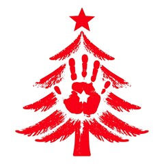 Obraz premium Red Christmas tree with handprint in the middle