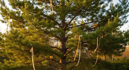 A pine tree decorated with ribbons stands in the warm afternoon light