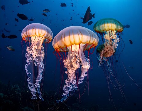 Three glowing jellyfish float in a deep blue underwater scene