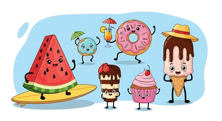 Fototapeta premium Cute cartoon characters of summer treats like watermelon ice cream and donuts having fun together