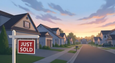 Charming suburban street at sunset with a just sold sign in the foreground