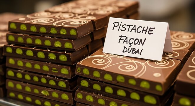 Delicious stacked chocolate bars with pistachios and decorative swirls with a sign reading pistache facon dubai