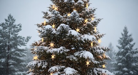 Snowy christmas tree adorned with star lights in a winter wonderland scene