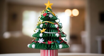 Festive paper christmas tree with star topper and decorative embellishments