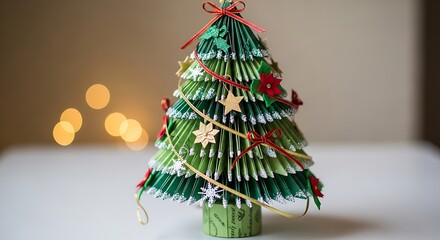 Handmade paper christmas tree with star and ribbon decorations on table