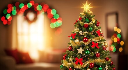 Festive christmas tree adorned with ornaments and lights in a cozy room
