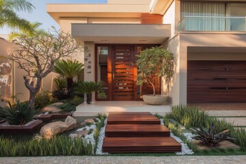 Elegant modern home entrance features a wooden door, garage, and lush landscaping.