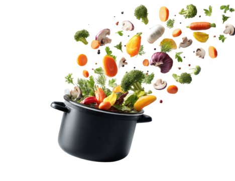 A black pot overflows with a colorful, dynamic explosion of fresh vegetables