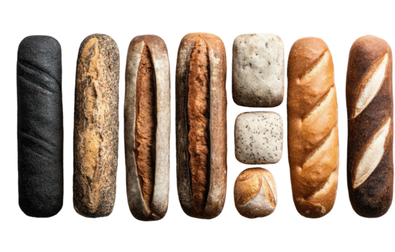 Assortment of varied crusty baked bread loaves