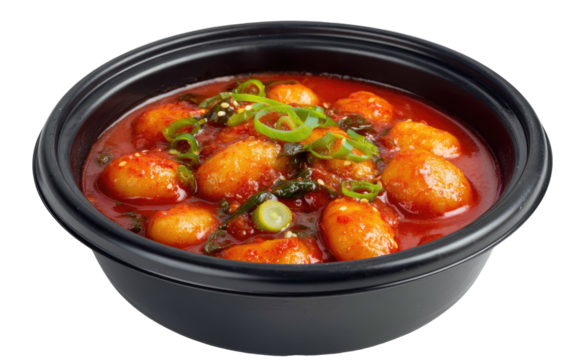 Spicy rice cakes in a rich red sauce with green onions