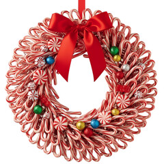 Festive Christmas wreath made of candy canes with red bow and sweets