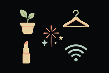 Aesthetic collection of icons featuring a potted plant sparkler hanger lipstick and wifi signal on black background