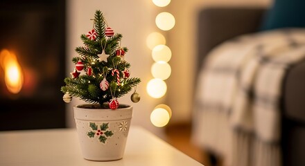 Small christmas tree with ornaments on a table in a cozy living room