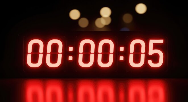 Close up of a digital clock displaying zero minutes and five seconds