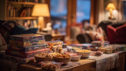 Cozy indoor game night setup with colorful board games and snacks on wooden table