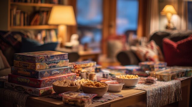 Cozy indoor game night setup with colorful board games and snacks on wooden table
