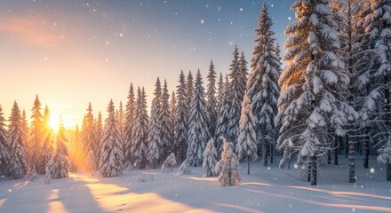 Snowy forest landscape with sun rays shining through the trees scene