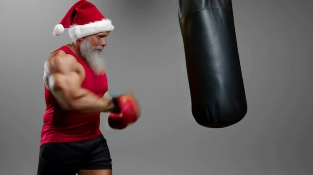Santa Claus throwing an uppercut at a punching bag. Energetic Christmas boxing video for dynamic ads and promos.