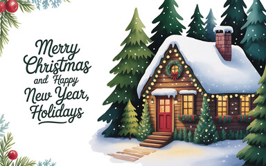 Send warm holiday wishes with this cozy Christmas cabin illustration, perfect for festive greeting cards and seasonal social media posts this winter