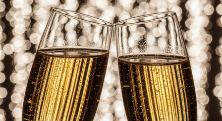 Close up of two champagne glasses toasting with blurred light background
