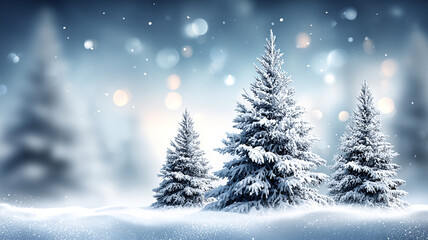 Fototapeta premium Frosty Canadian winter landscape in snowy forest. Christmas background with fir trees and blurred background of winter