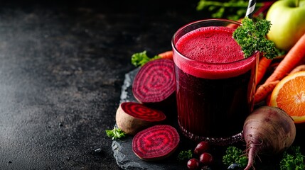 Glass of ABC juice made from beetroot, apple and carrot, fresh ingredients on rustic wood, symbolizing healthy nutrition.
