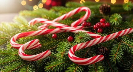 Festive candy canes and pine needles arranged for christmas holiday cheer