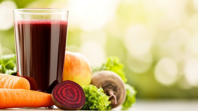 Glass of ABC juice made from beetroot, apple and carrot, fresh ingredients on rustic wood, symbolizing healthy nutrition. - Powered by Adobe