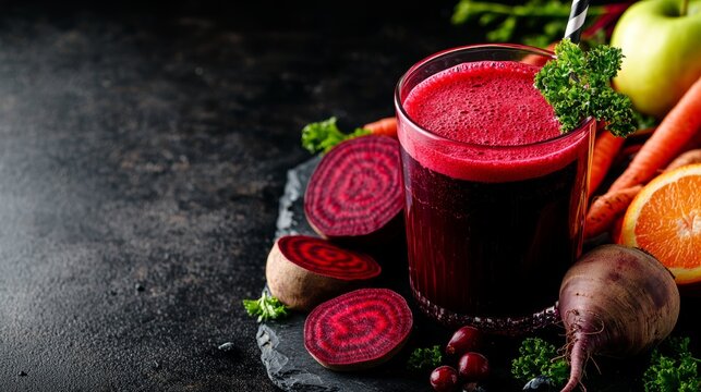Glass of ABC juice made from beetroot, apple and carrot, fresh ingredients on rustic wood, symbolizing healthy nutrition.