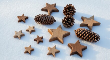 Wooden stars and pine cones scattered on a white snowy surface outdoors
