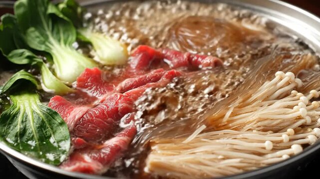 Hot pot with simmering beef, bok choy, enoki mushrooms, and noodles in boiling broth