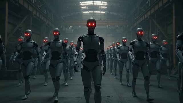 Robotic exoskeleton military army in futuristic factory. 4K Video