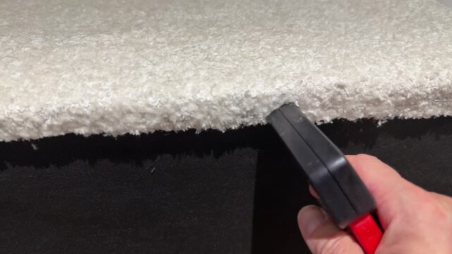 Upholsterer holding a mechanical stapler for upholstering furniture, inserting staples,