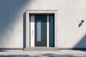 Fototapeta premium Modern gray entrance door with glass panel set in concrete wall.