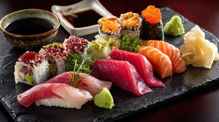 An exquisite arrangement of fresh sushi and sashimi. Generative AI.