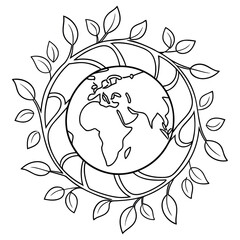 Earth day coloring page with globe and leaves