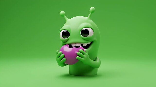 Cute green alien character happily eating a pink snack on green background