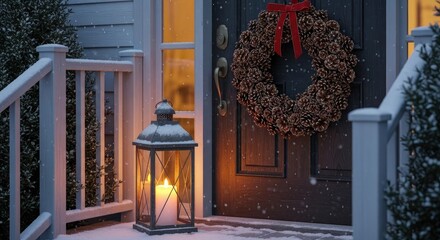 Winter scene with lantern and wreath on front door covered in snow