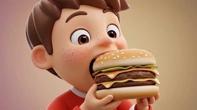 Cute cartoon boy eagerly holds and prepares to eat a huge double cheeseburger